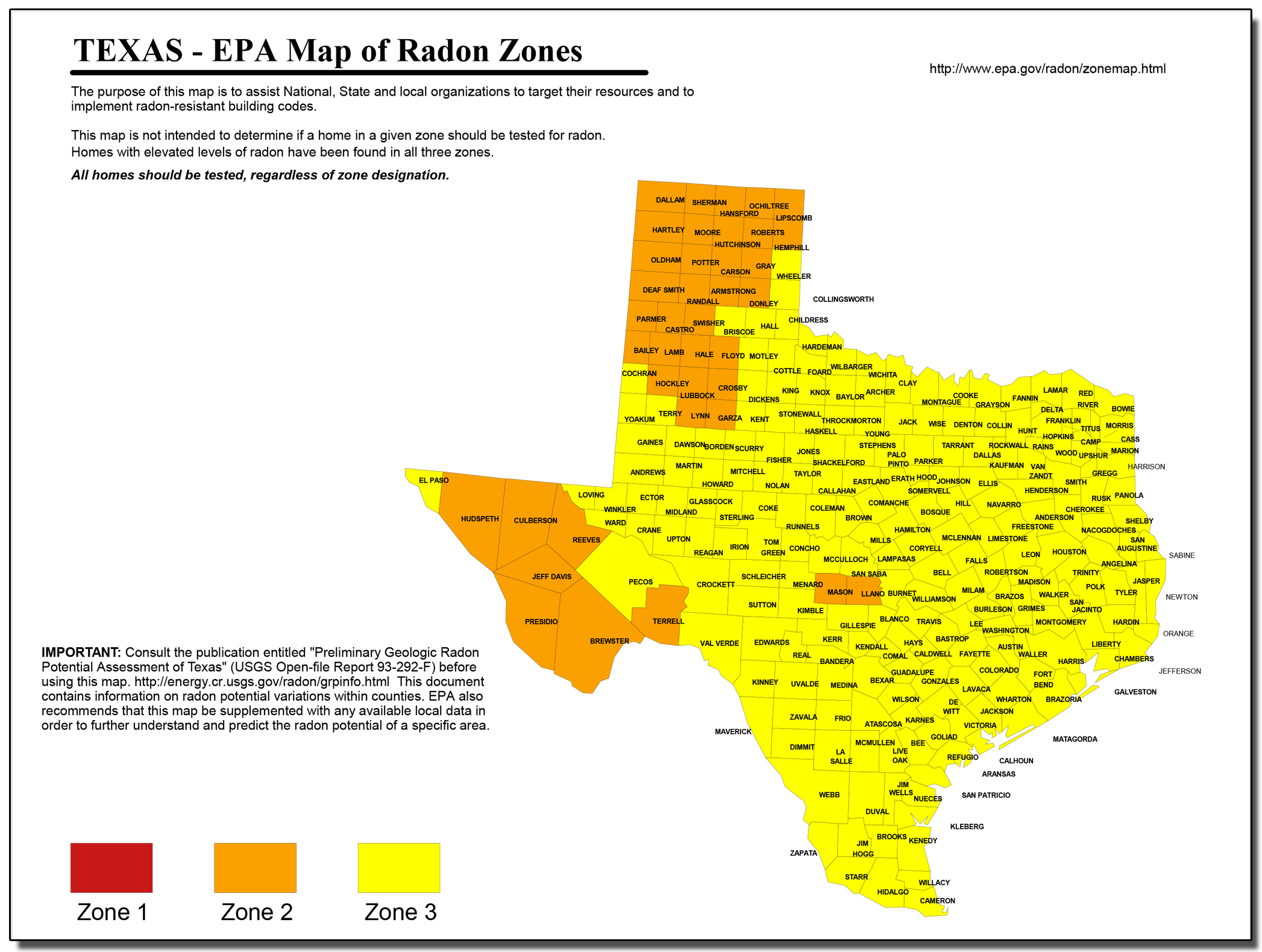 1993 EPA map of radon risk level from gas in Texas