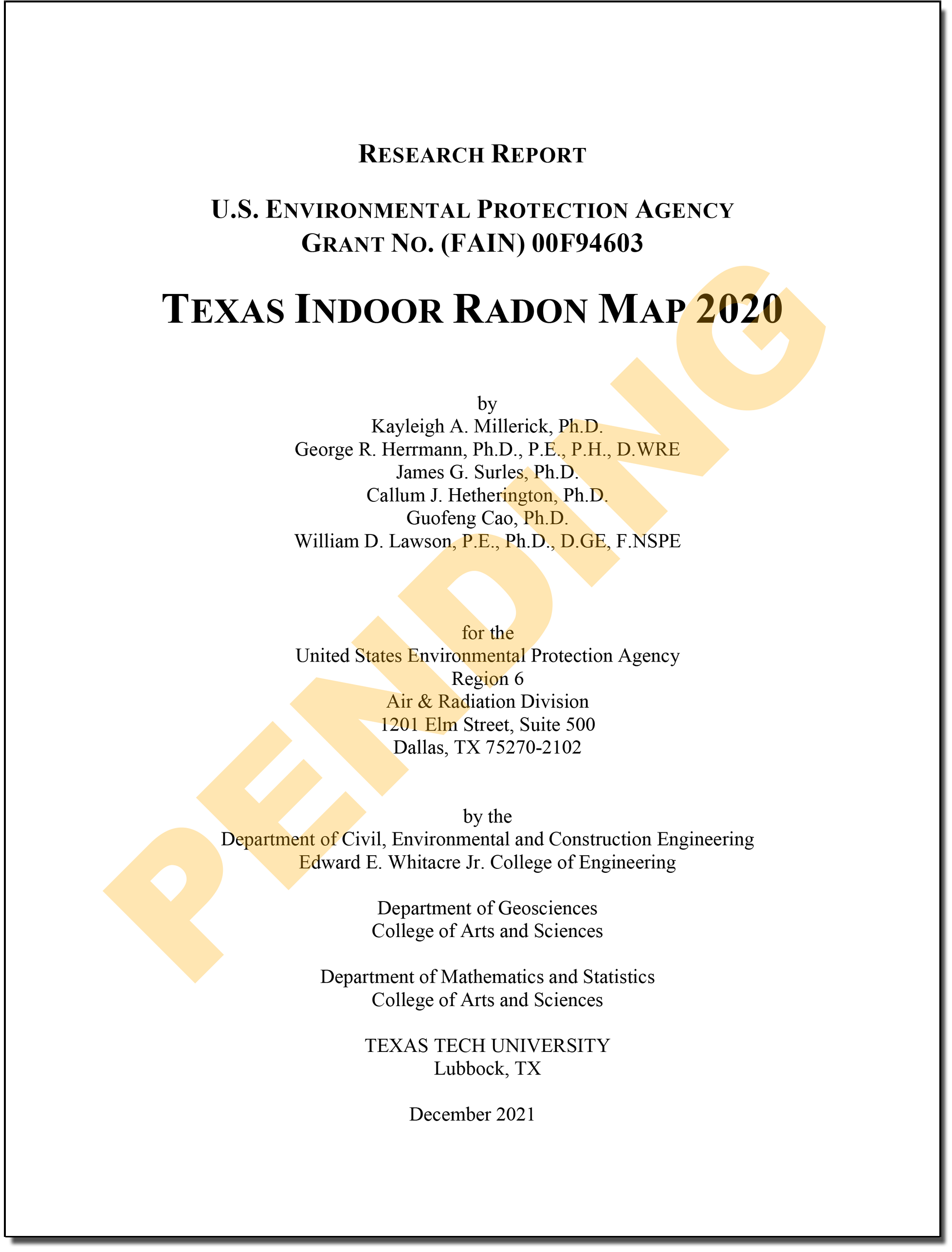Texas Radon Group's cover page research report map of radon zones in texas 2020