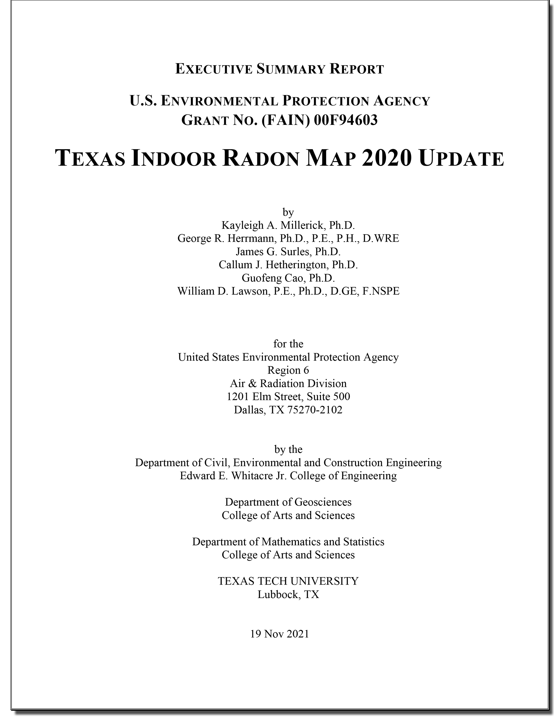 Texas Radon Group executive summary report 2020 map of radon zones texas