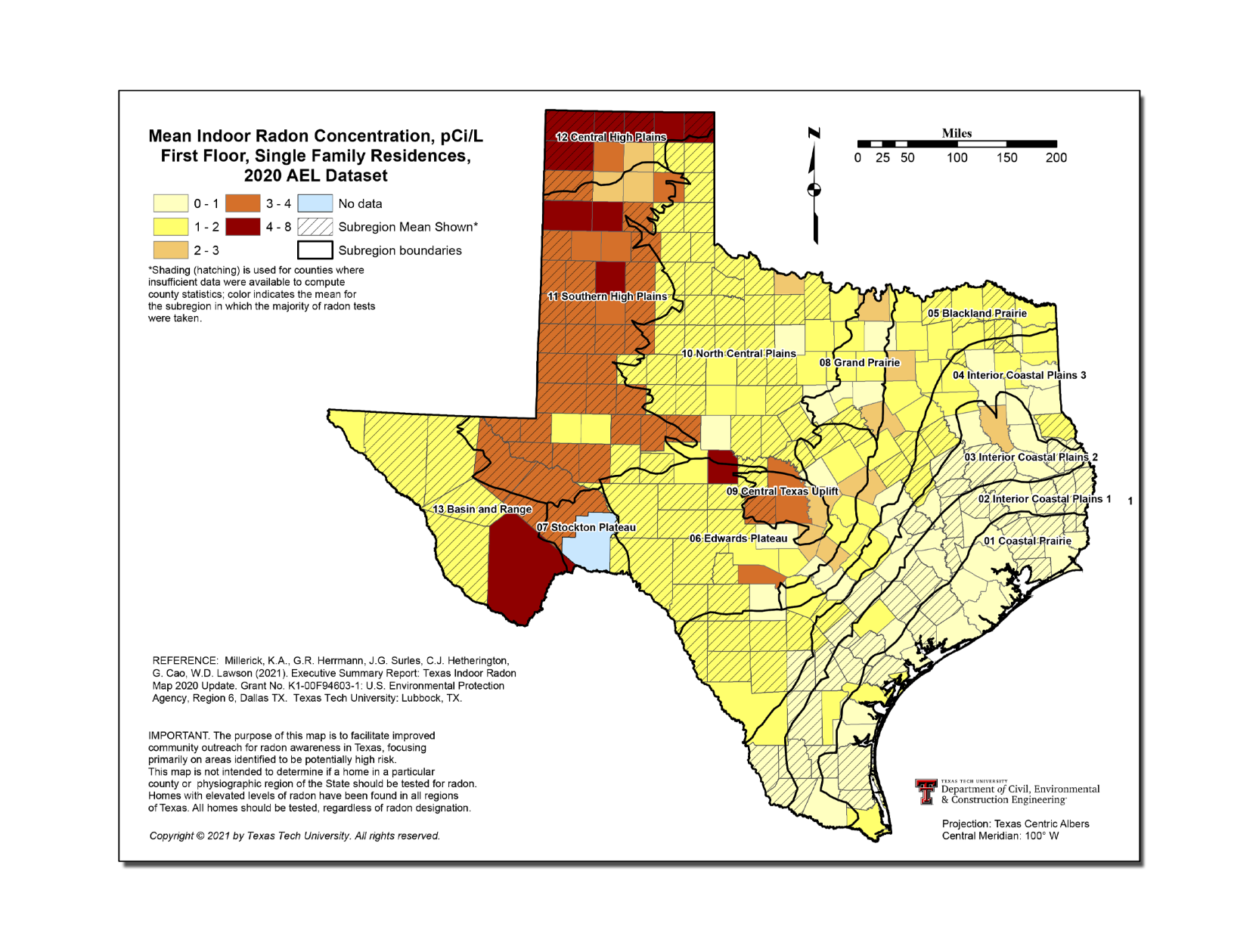 2020 Texas Radon Group, Millerick Lawson map of first floor radon gas level risk