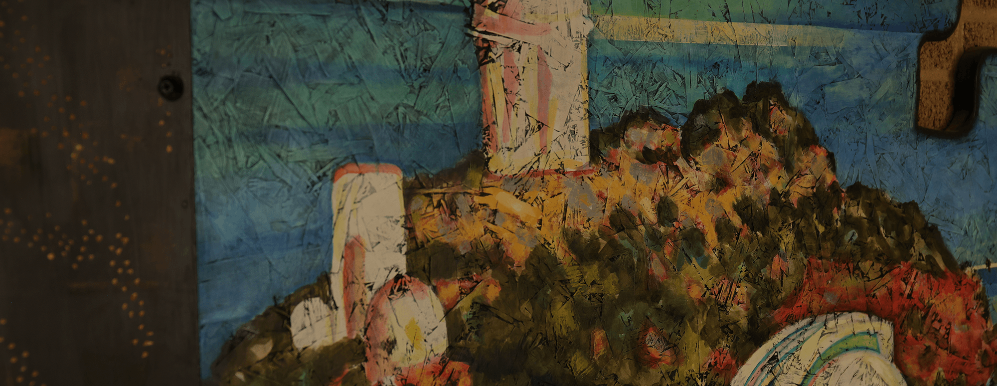 painting on particle board of a chapel on grassy hills