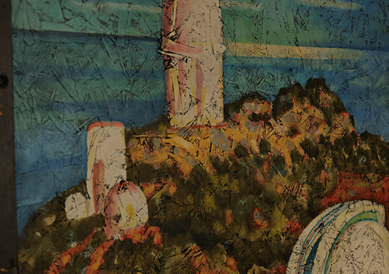 artistic painting of chapels on a hill