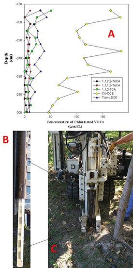 A) Fine scale contaminant distribution to evaluate the impact of Poplar trees on groundwater contamination. B) Photograph of the direct insertion of a proto-type sampler.