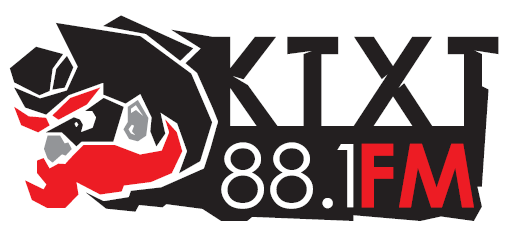 KTXT 88.1 logo with a Raider Red head in 3/4 profile, looking to the left. KTXT is in black text on top of 88.1 in the black box as white text, and FM in red text next to it.