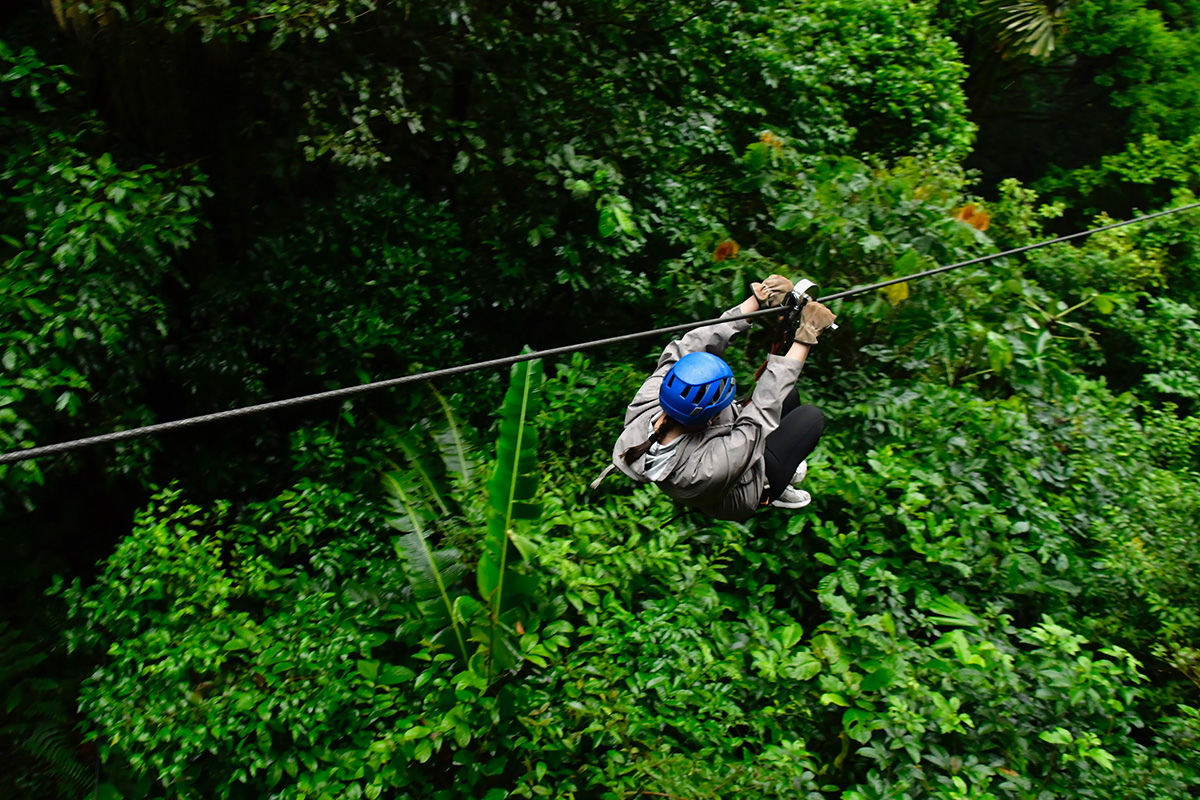 Student on zipline in forrest