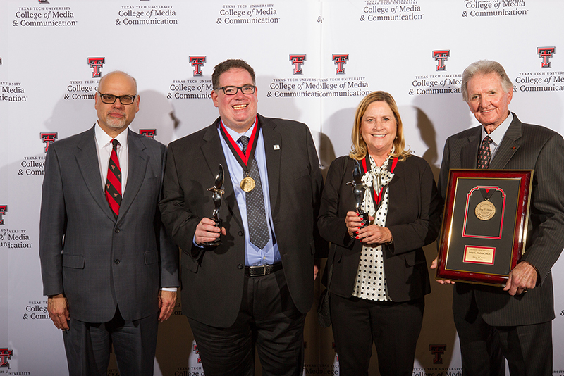The CoMC National Advisory Board 2018 award winners: (L-R) Dean David Perlmutter, Tony Wright, Jill Hockenbury. (Not pictured: Joe Fairless.) (Far right) - Jerry Hudson, Ph.D., former dean of the college, was inducted into the CoMC Hall of Fame. 