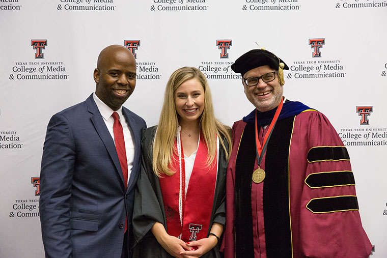 TTU spring 2018 commencement speaker (left) stands with CoMC graduating senior Avery Aiken and CoMC Dean David. D. Perlmutter.  