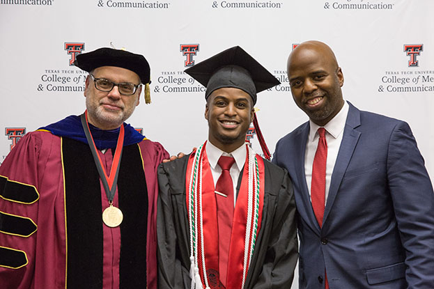 (L-R) CoMC Dean David D. Perlmutter stands with CoMC graduating senior John Patterson and Jason Jenkins, commencement speaker and CoMC alumnus (Journalism '97).