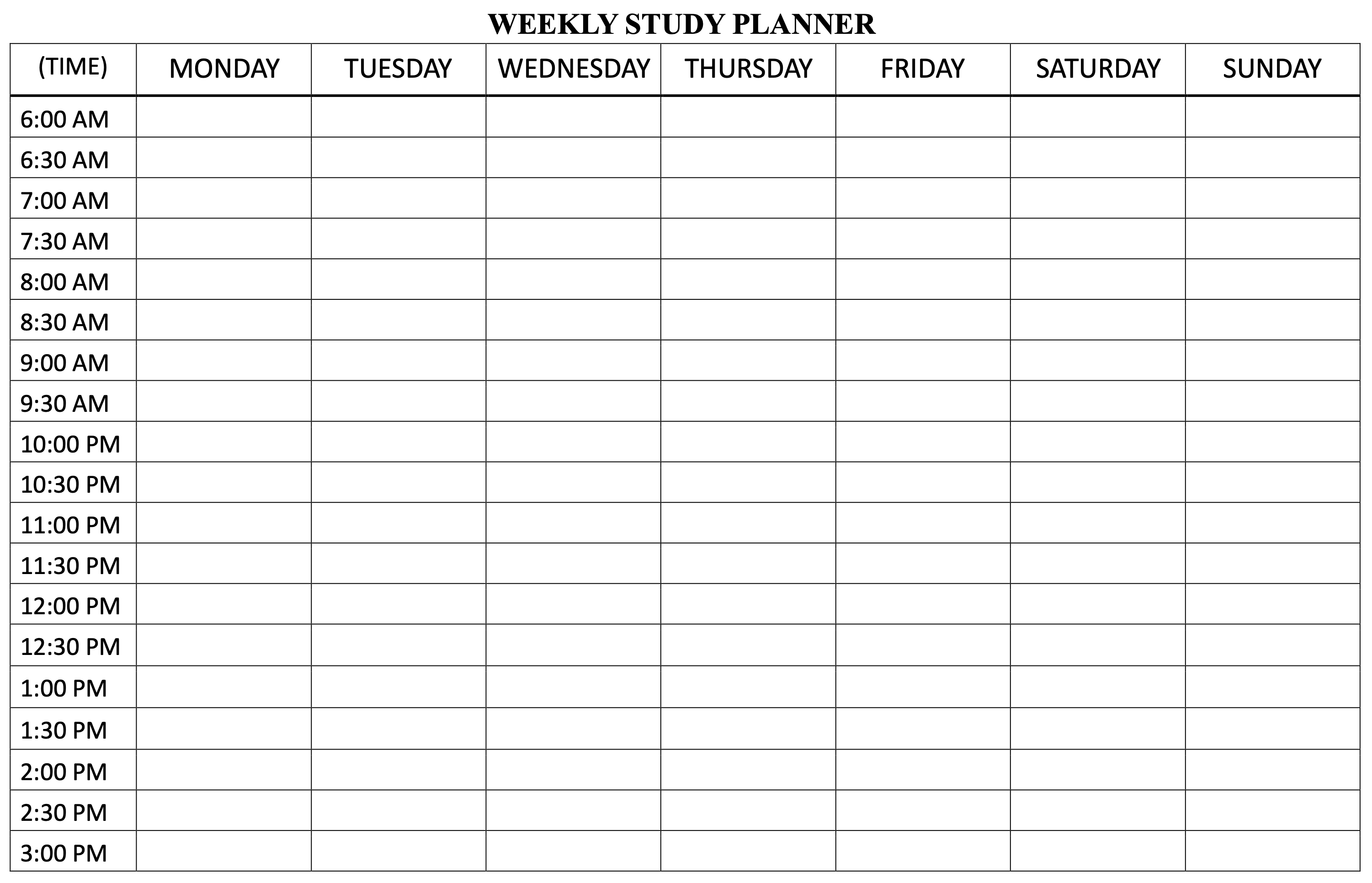 Blank weekly study planner