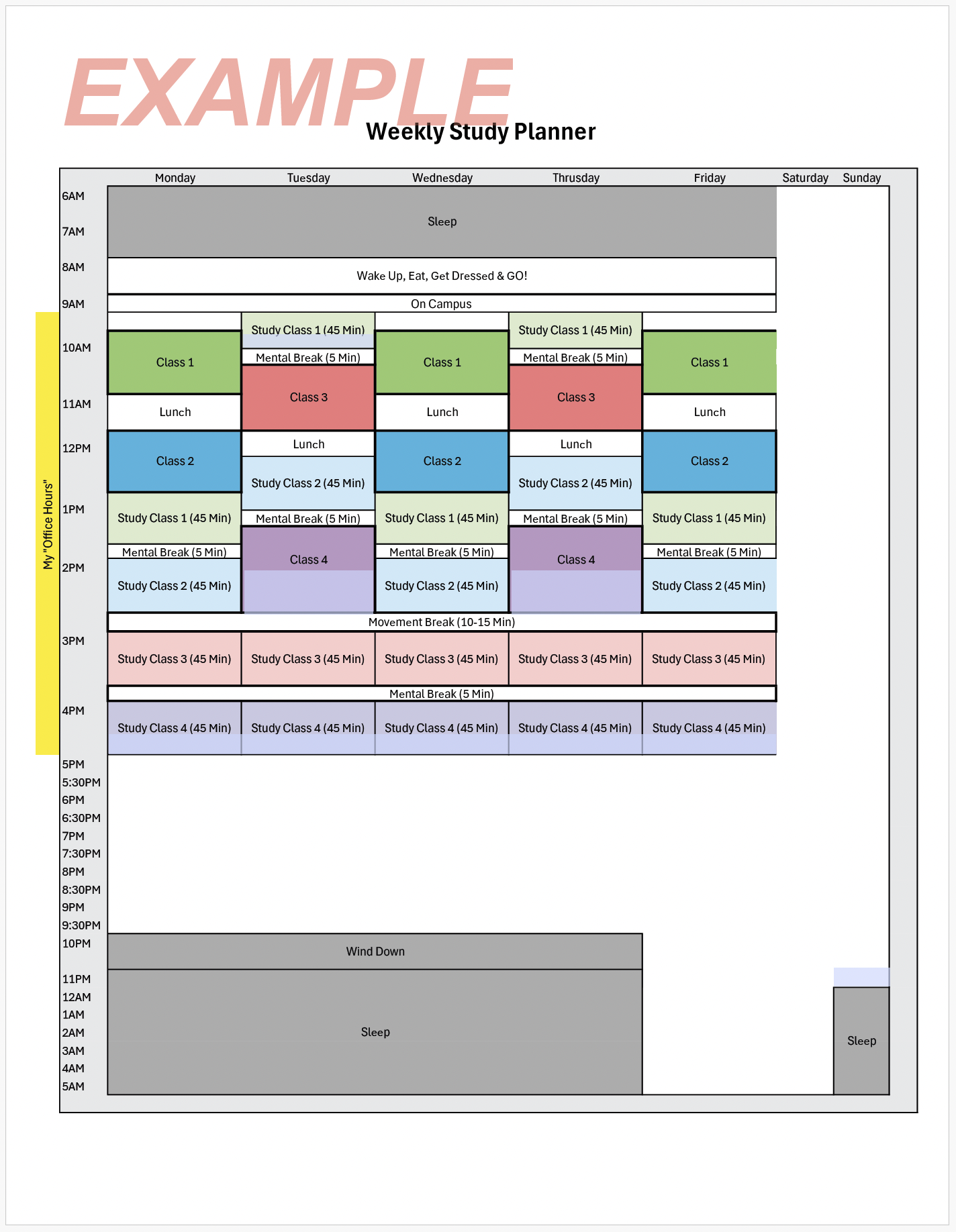 Example weekly study planner