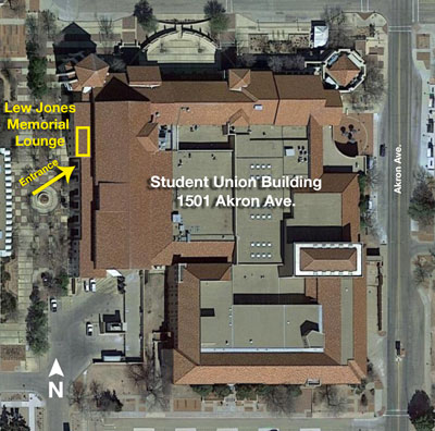 Map showing where the Lew Jones Memorial Lounge in the Student Union Building.