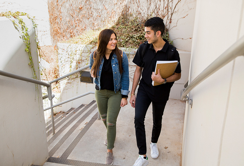 two students walking up a flight of stairs