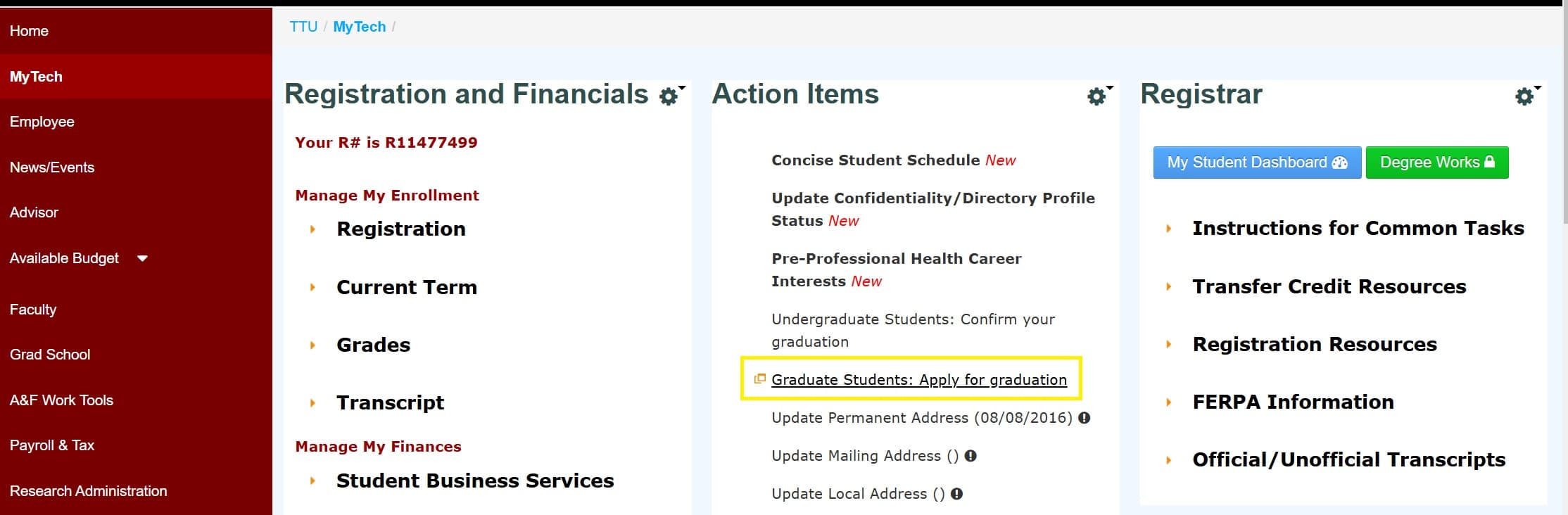 Image showing the location of Graduate Students: Apply for Graduation under Action Items.