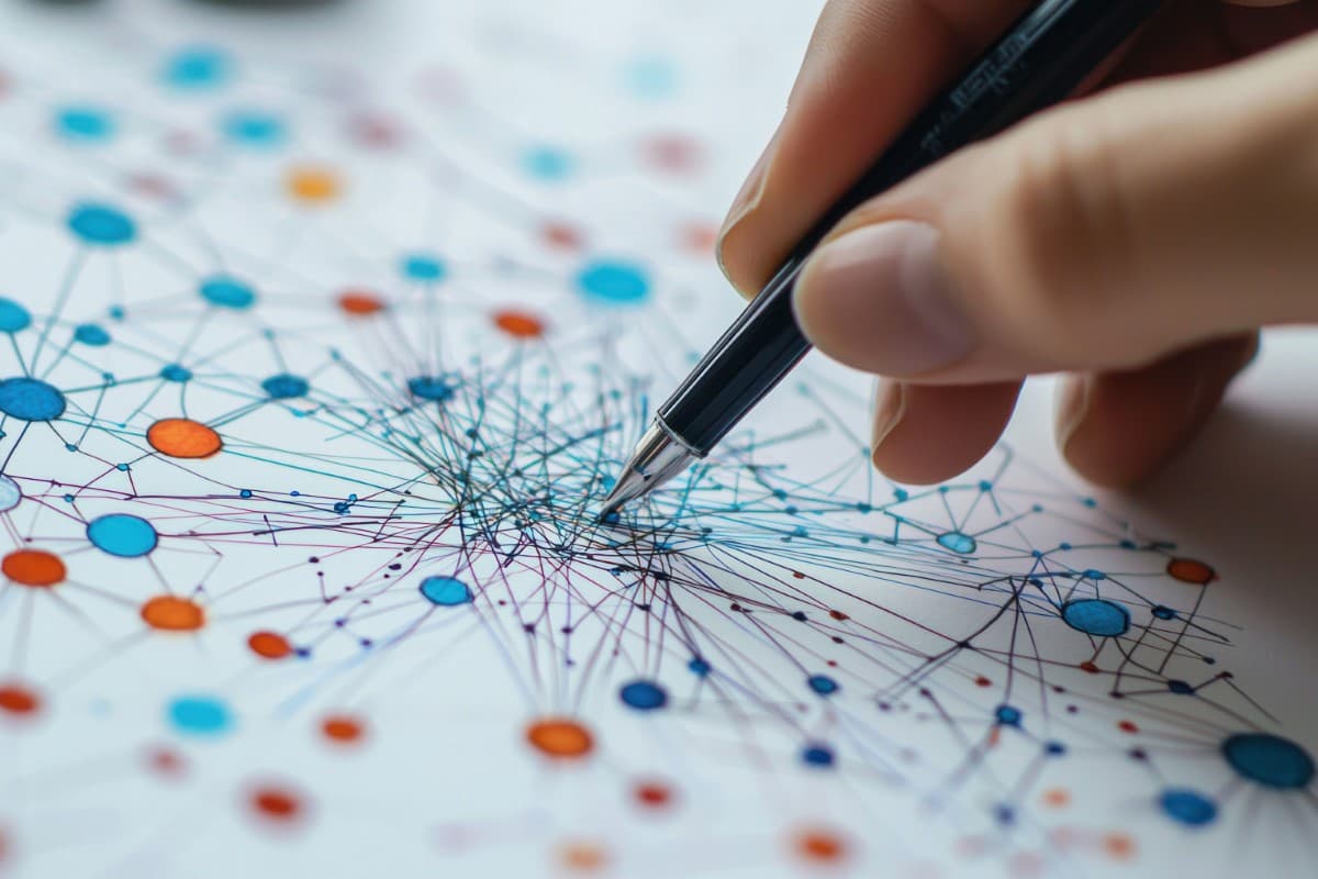 Hand holding a pen drawing a network diagram.