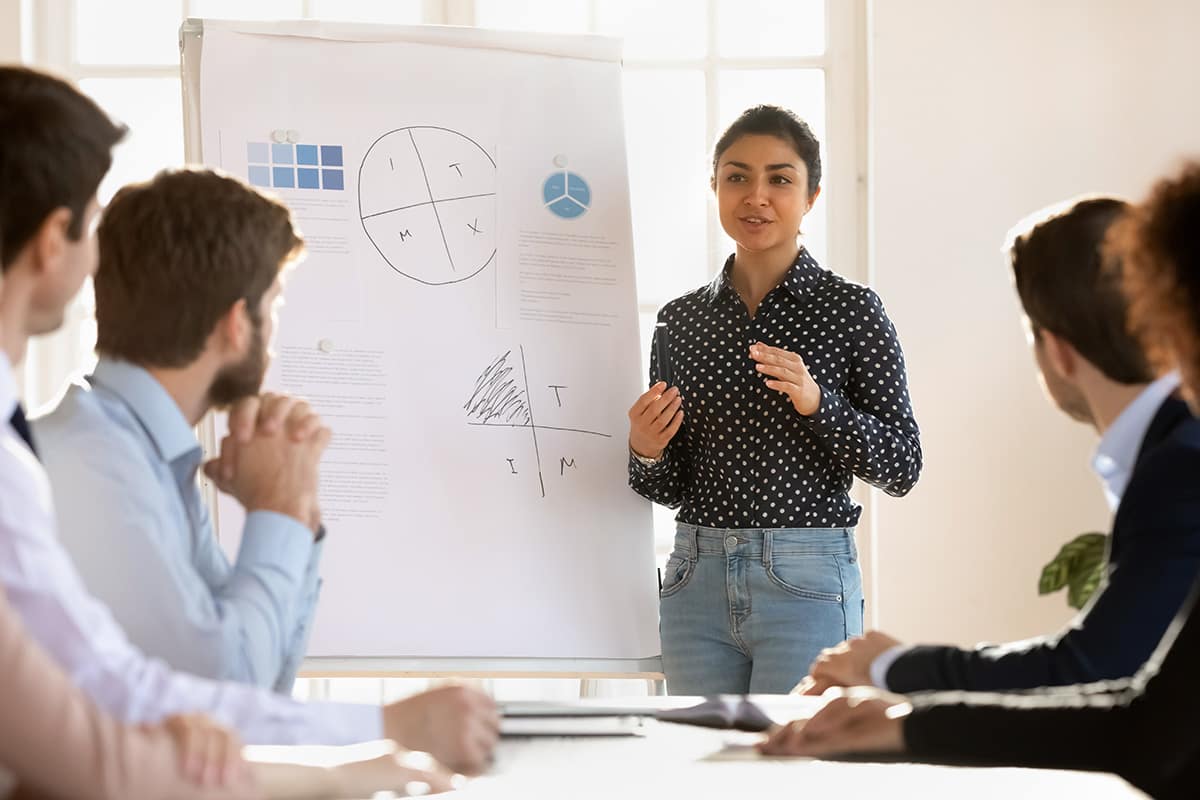 Woman presenting to group with flip chart