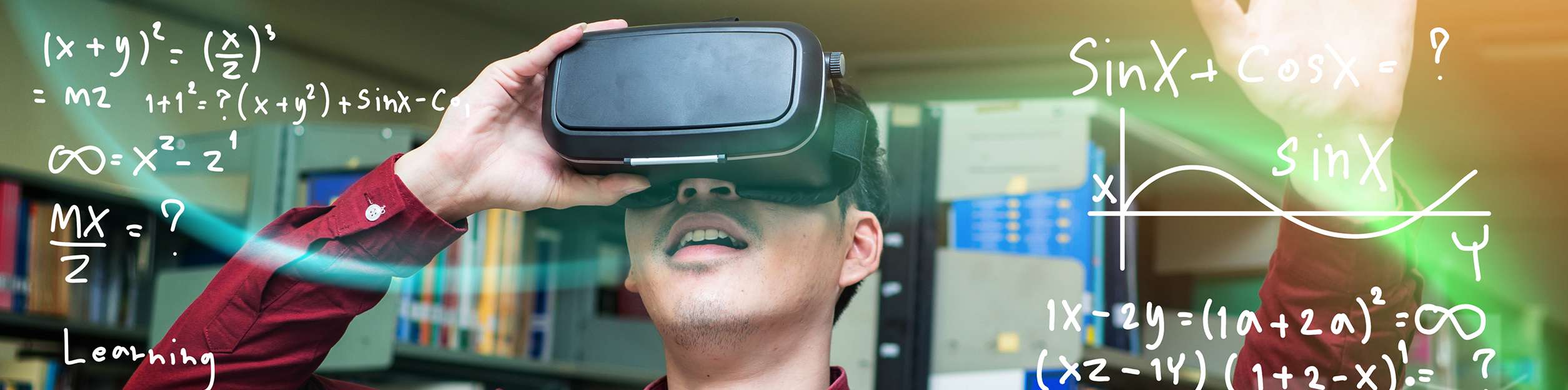 Graphic of student using a VR headset. Floating letters and numbers surround his head