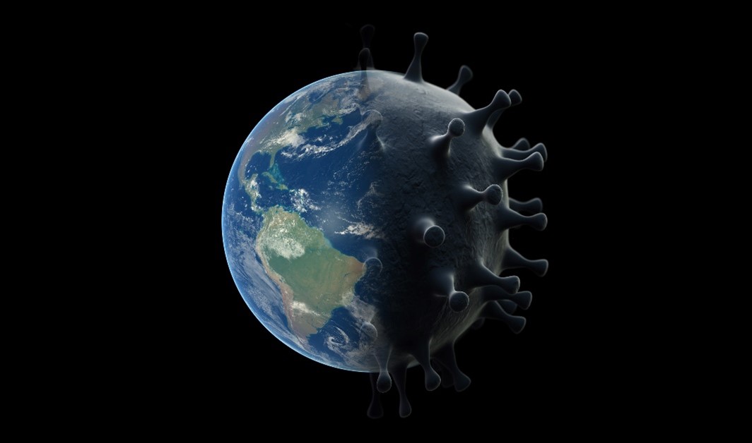 Graphic of the globe superimposed with the COVID-19 virus