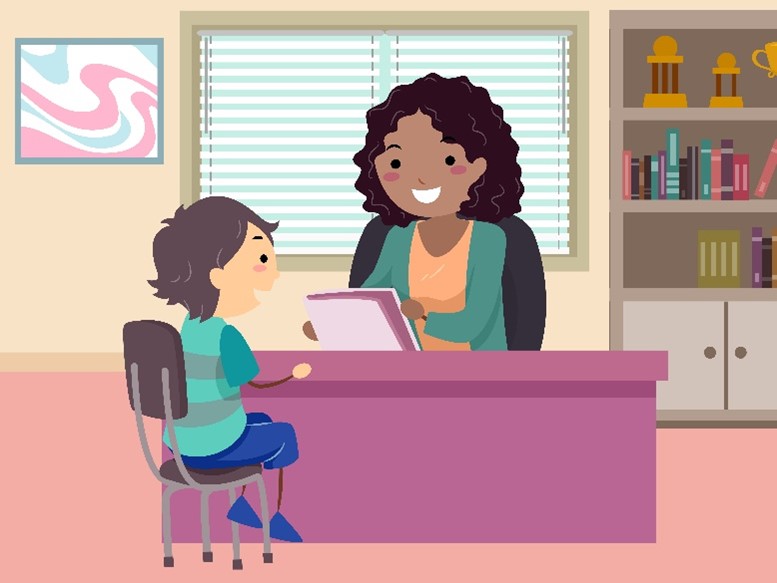Graphic of a school administrator speaking with a K-12 student
