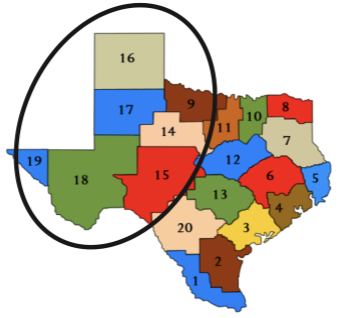 MOCA's service area is based on education service center regions. The area encompasses Region 9 and Regions 14 through 19.