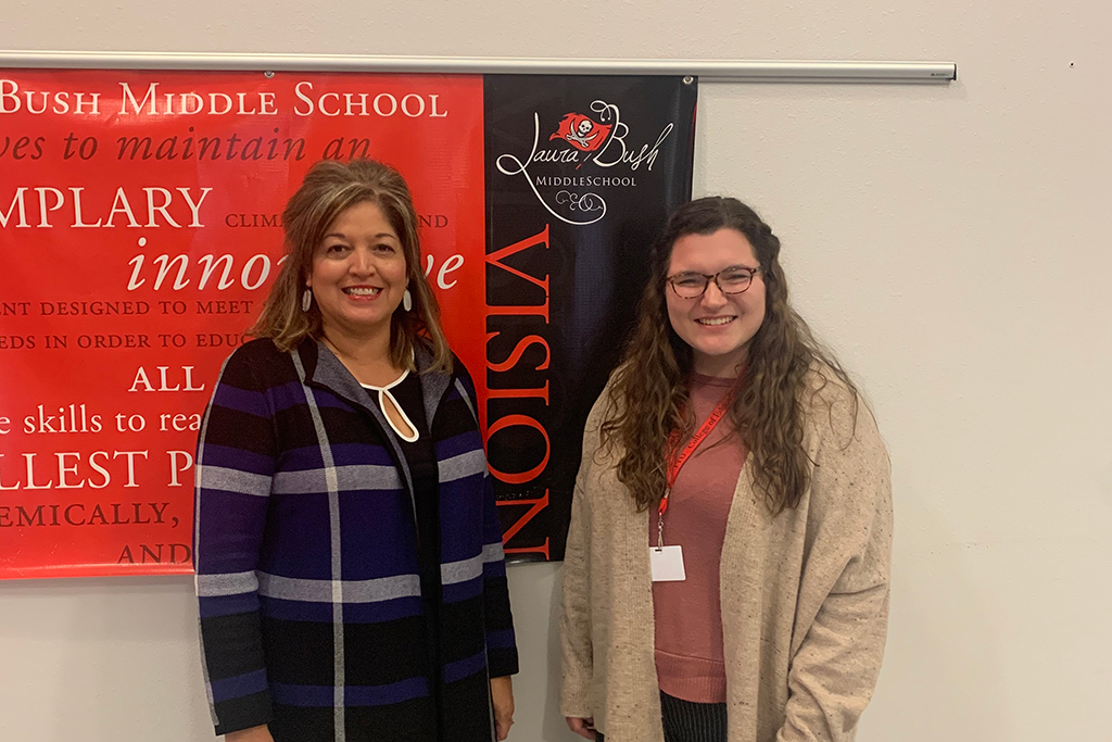 Laura Bush Middle School Principal Edna Parr posing with Macey Waid, a Texas Tech University teacher candidate and mentor