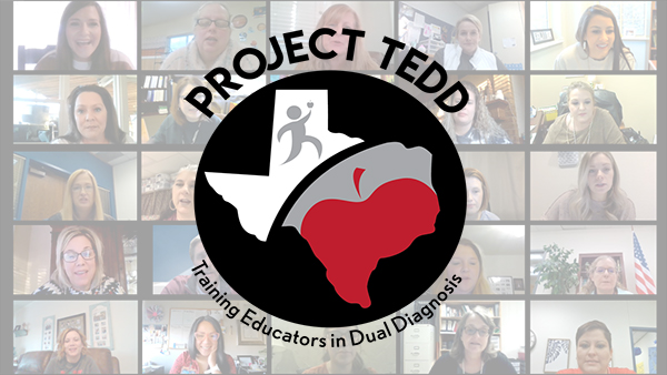 Project TEDD Logo laid over a photo collage of teachers' faces in a Zoom meeting