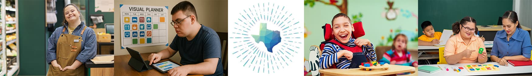 Collage of students with developmental disabilities and their teachers, with a stylized Texas map in the center.