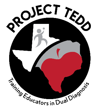 Project TEDD Logo: the words Project TEDD, Training Educators in Dual Diagnosis surrounding a circle enclosing a map of the state of Texas. The map has a stylized image of a person reaching for an apple. The state is bisected by a shaded area and a stylized depiction of a red apple.