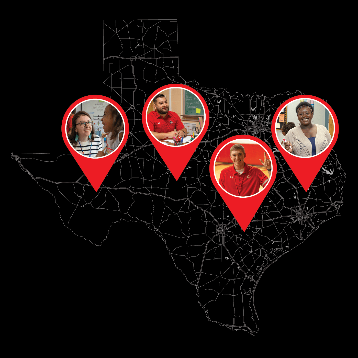 Map of texas with markers showing TTU Education alumni all over the state