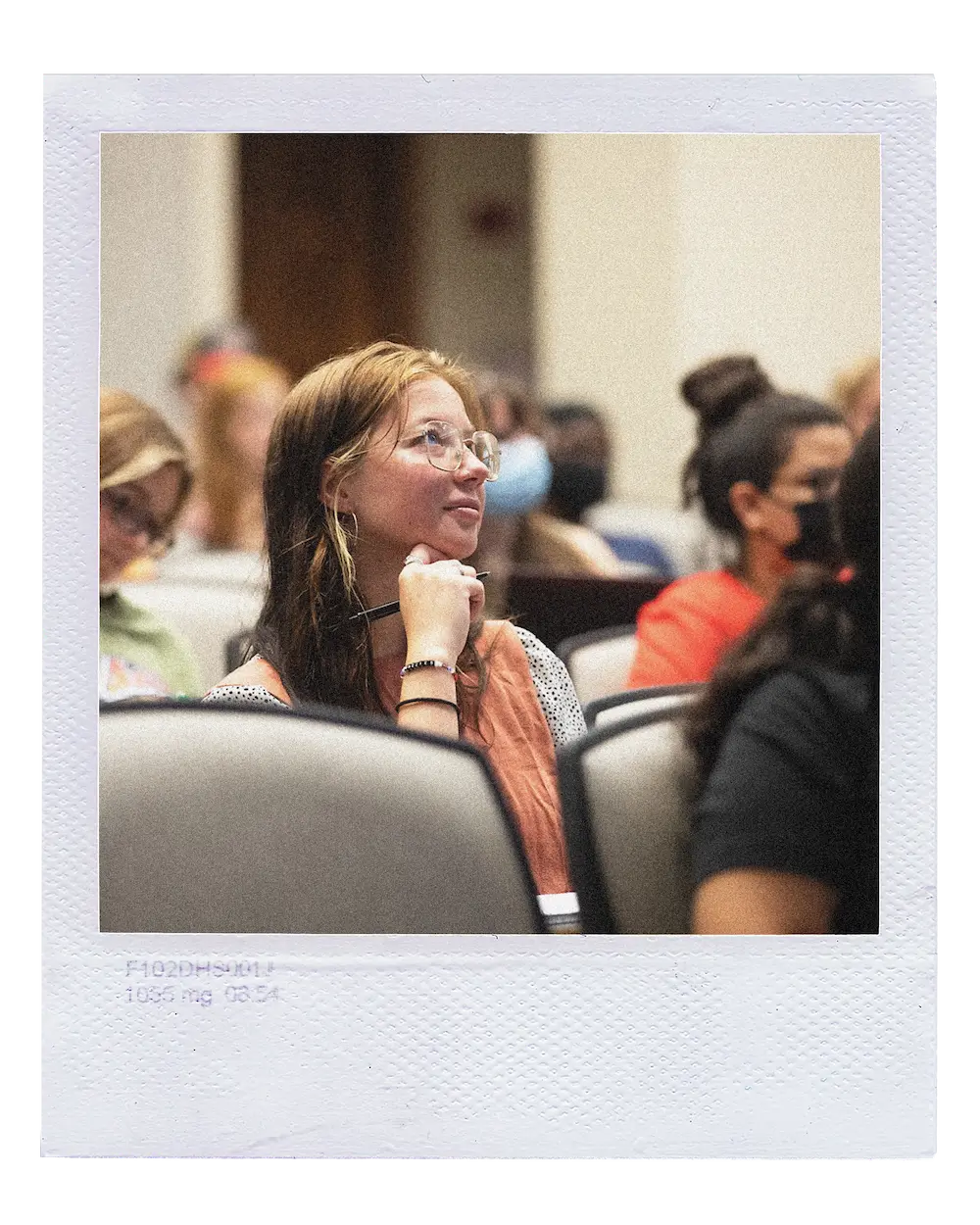 Students in class in a Polaroid style photo