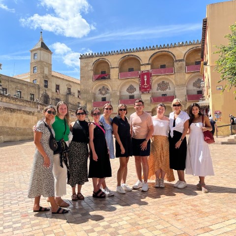 Students in a plaza in Sevilla, Spain