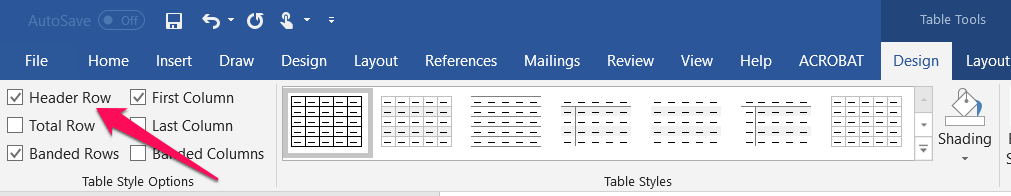 Design Tab of Table Tools in Microsoft Word with arrow pointing to the Header Row box with a check in it