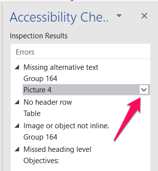 Accessibility Checker pane with arrow pointing to the chevron next to an issue