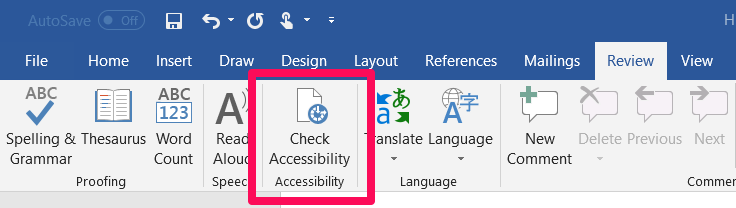 Review Tab in Microsoft Word with a red box highlighting the Check Accessibility button