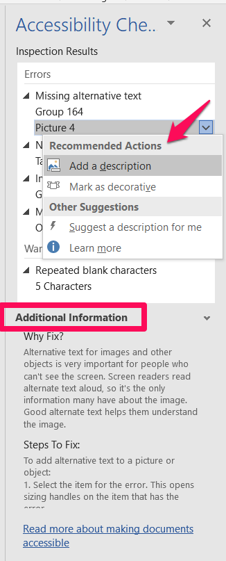 Accessibility Checker pane with arrow pointing to the recommended actions drop-down menu