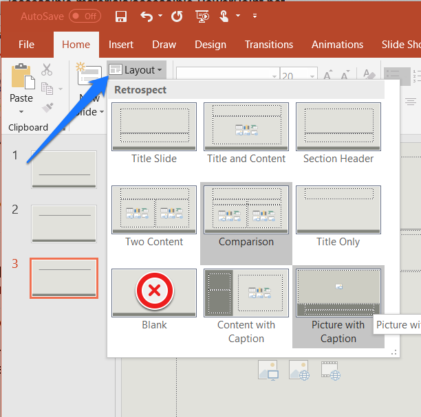 Home tab in Microsoft PowerPoint with arrow pointing to Layout.