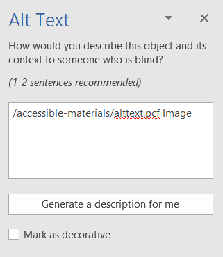 Alt Text Pane in Microsoft Office