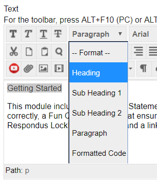 Screenshot in Blackboard of the rich text editor with some text highlighted and the format drop-down menu open ready to select 'Heading' to change selected text into a heading