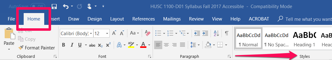 Home tab in Microsoft Word with box around the home tab and arrow pointing to Styles section