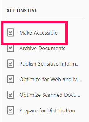 Actions List in Acrobat Pro with box around Make Accessible action