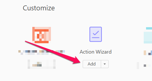 Arrow pointing to Action Wizard tool and the Add button