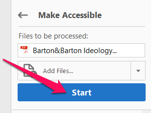 Arrow pointing to the Start button within the Make Accessible action in Acrobat Pro