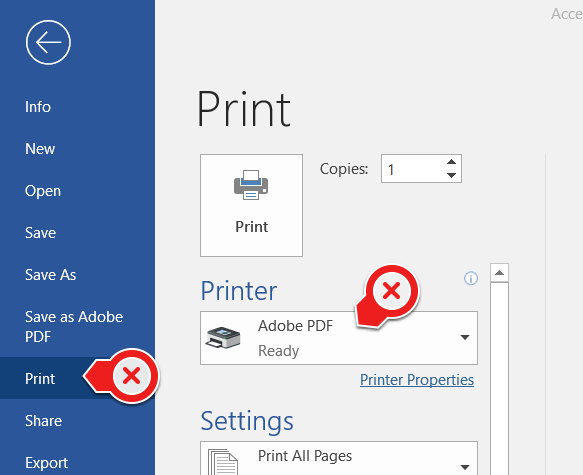 Print As PDF screen in Microsoft with Xs pointing to the Print As PDF options