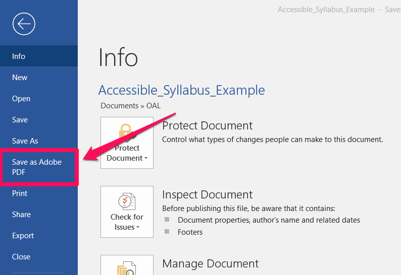 Arrow pointing to Save As Adobe PDF in the File menu of Microsoft Word