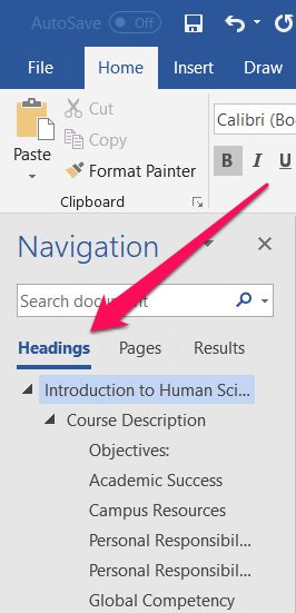 Navigation Pane in Microsoft word with arrow pointing to Headings