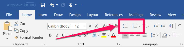 Home tab in Microsoft Word with arrow pointing to ordered and unordered list styles