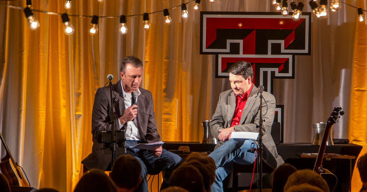 Lewis Snell (left), director of Texas Tech at Waco; and Matt Hines, KXXV-TV meteorologist and former Texas Tech Saddle Tramp, emcee Chords and Conversations.