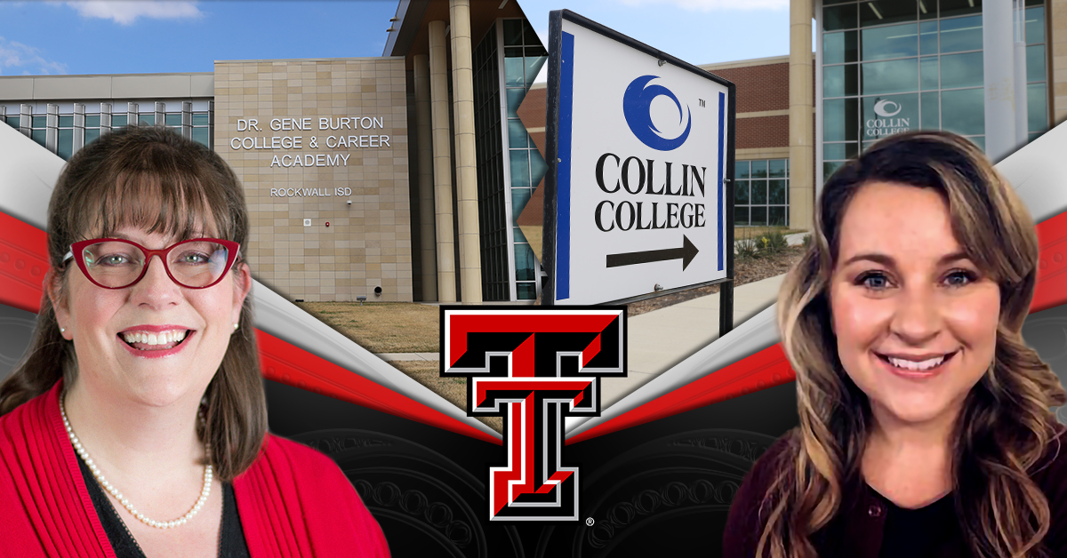 A composite image of Janet Veal and Deanna Calder smiling on opposite sides with a background image of the Rockwall campus building and the Collin College campus building.