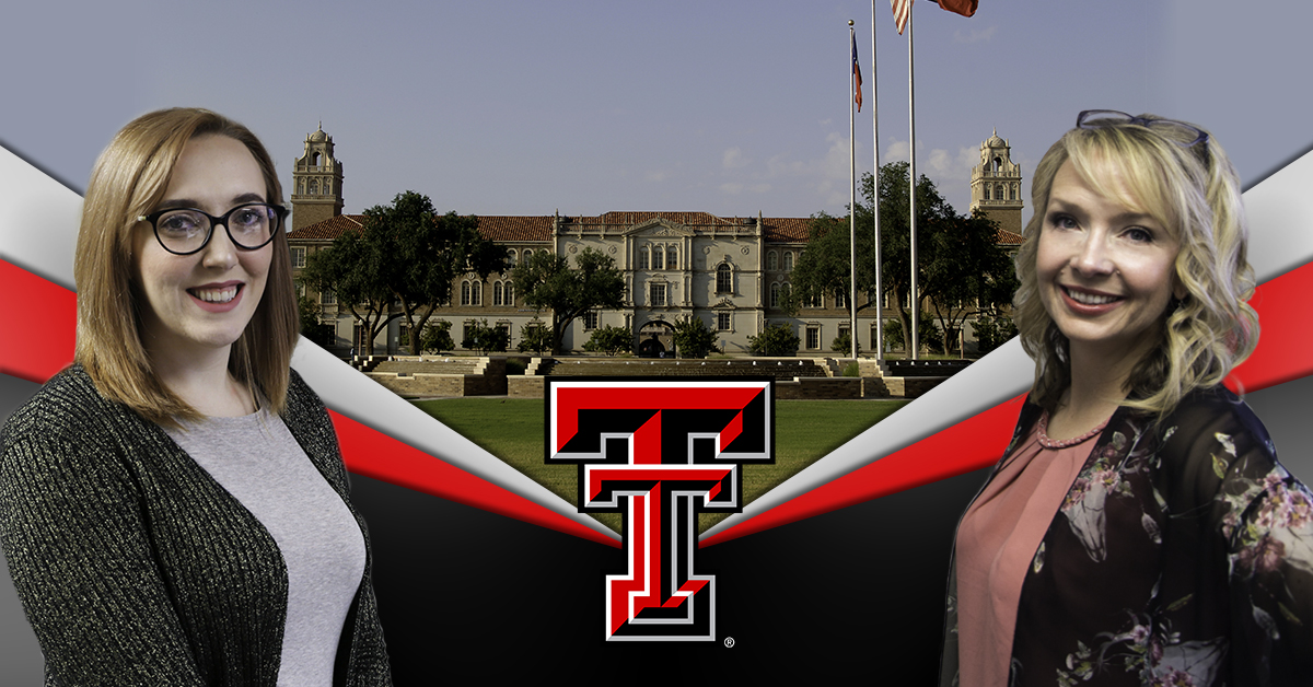 A composite image of Stacy Gumula and Jessica Thomas smiling on opposite sides with a background image of Memorial Fountain and the Administration building 