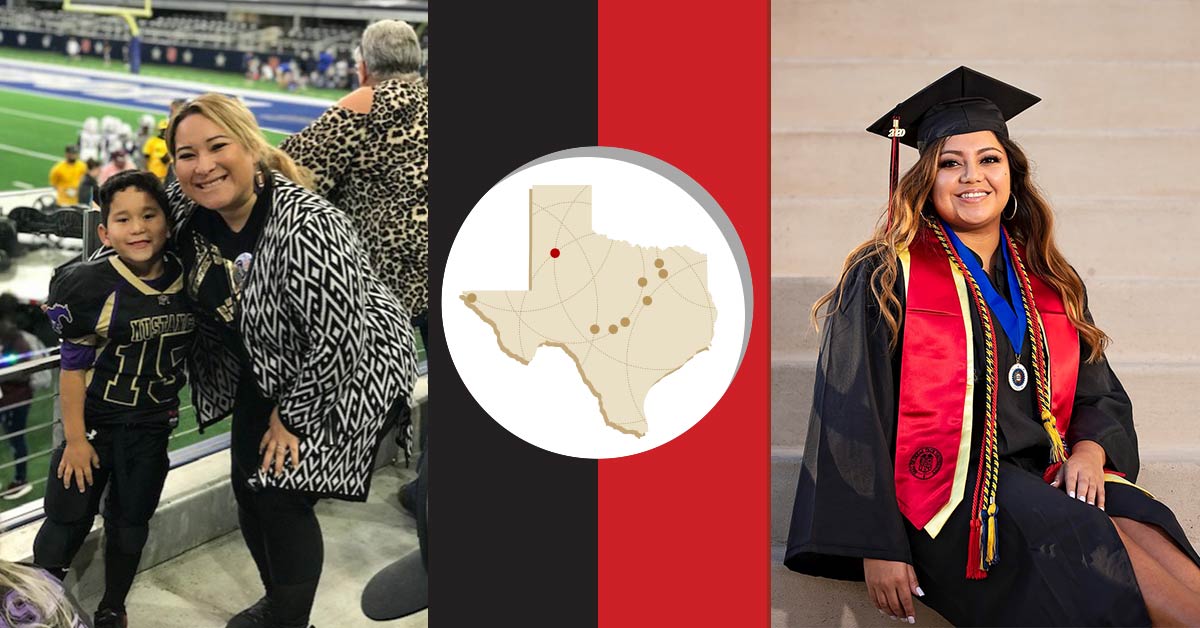 A graphic of a woman with her son next to a seperate image of a college graduate.