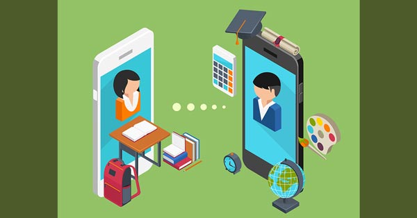 A graphic of two smartphones facing inward toward one another with an image of a female in the left phone and a male in the right phone with other materials between them both including a globe, backpack, books, and desk.